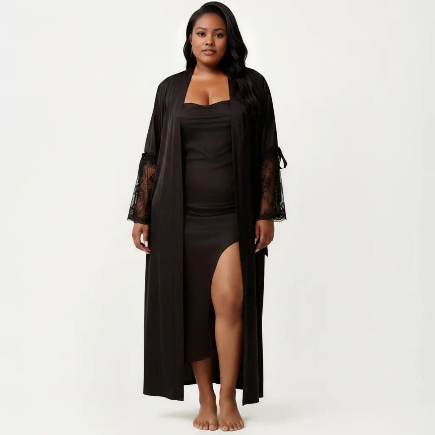Plus Size Long Satin Robe Lace Sleeve Wrap Nightgown Belted Kimono Sleepwear