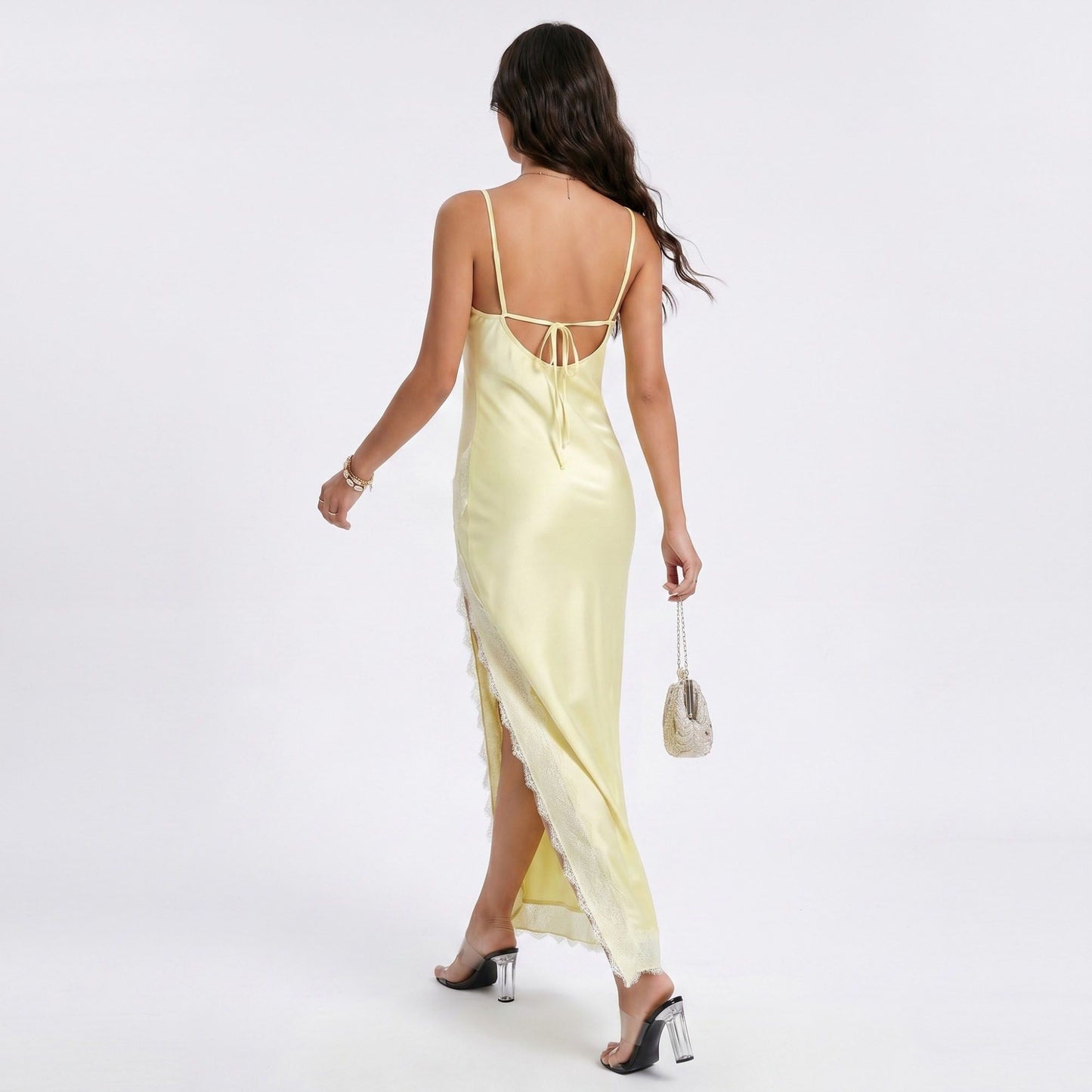 Satin Lace Trim Tie Back Slip Maxi Dress