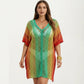 Ombre Crochet Swim Cover Up Dress with Open Knit Mesh Design V Neck Short Sleeves Relaxed Fit