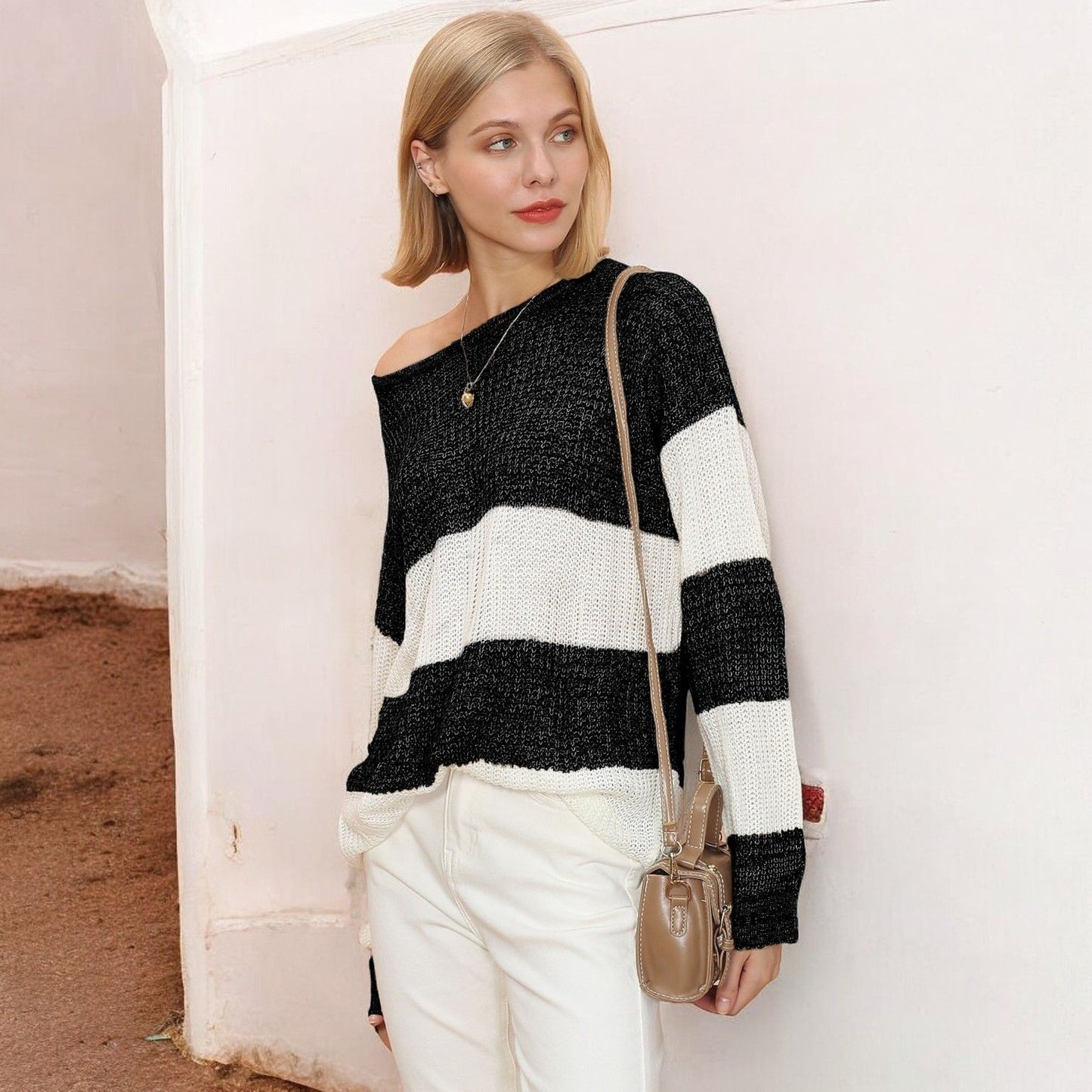 Off-Shoulder Color Block Knit Sweater with Long Sleeves