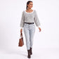 Square Neck Textured Stripe Balloon Sleeve Knit Sweater