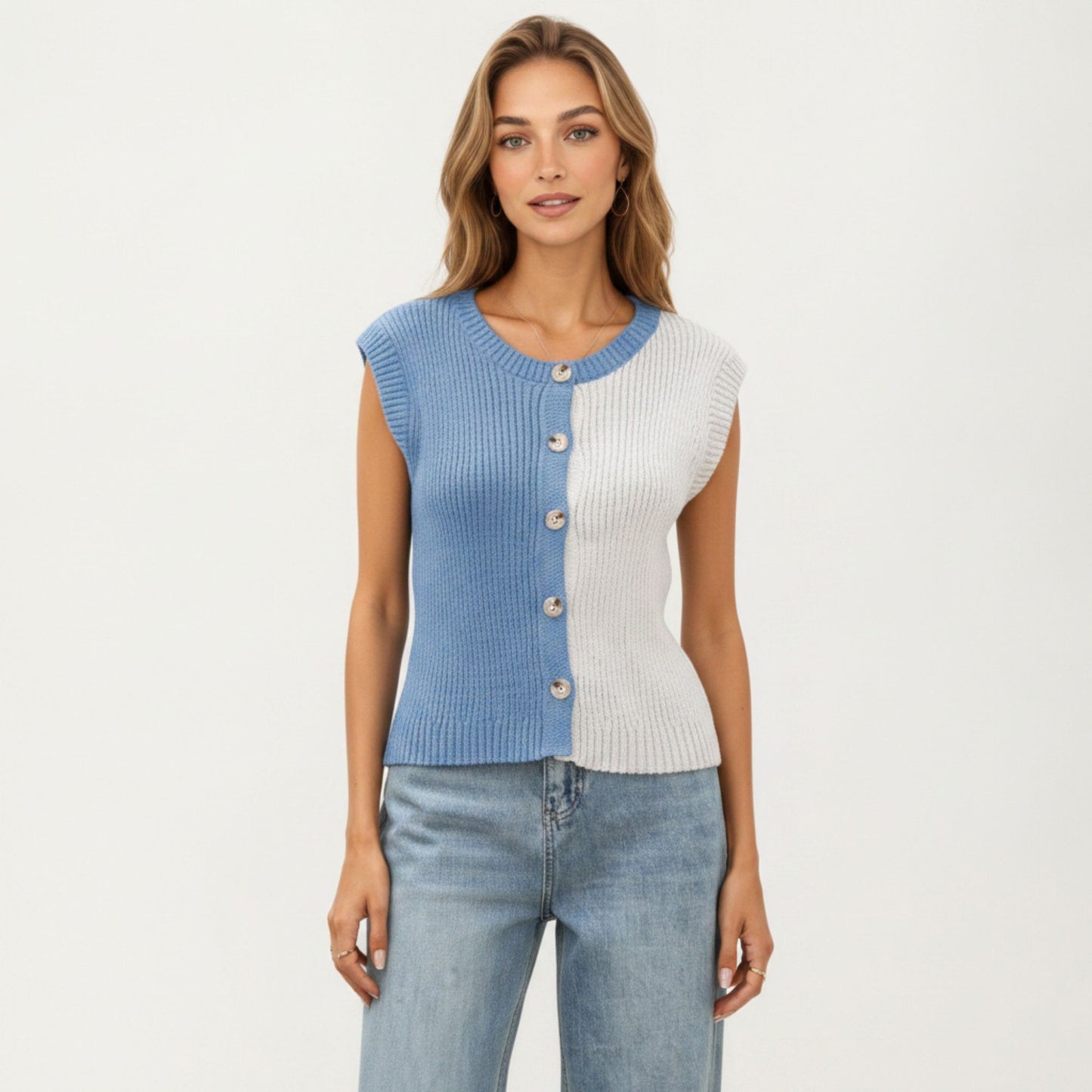 Sleeveless Colorblock Knit Vest with Button Front and Ribbed Trim