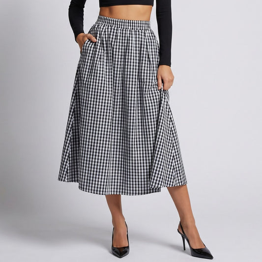 Gingham Midi Skirt with Smocked Waistband, Gathered A-Line Shape and Side Pockets