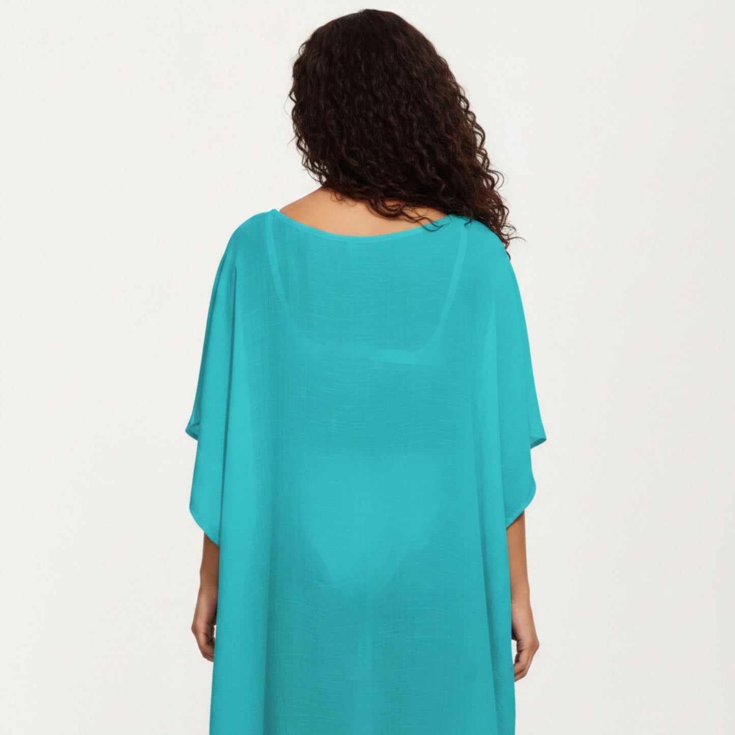 Crochet Trim Swim Cover Up Dress Loose Short Sleeve Lightweight Beach Kaftan