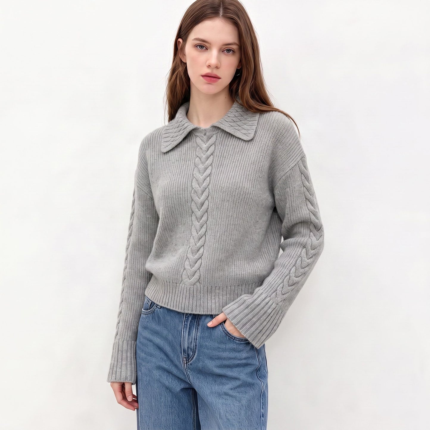 Cable Knit Collared Sweater with Flared Cuffs