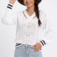 Cutout V Neck Cable Knit Long Sleeve Sweater with Contrast Stripe Trim