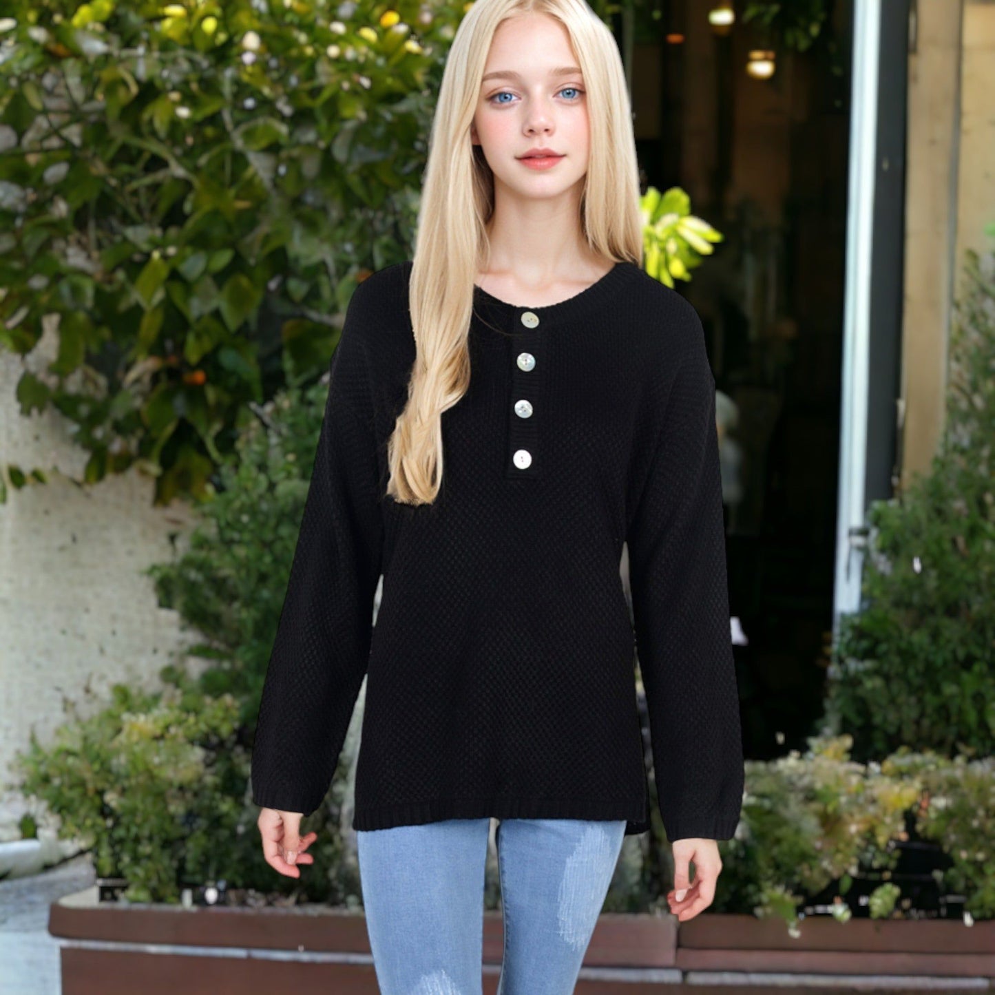 Contrast Half Button Henley Down Long Sleeve Sweater