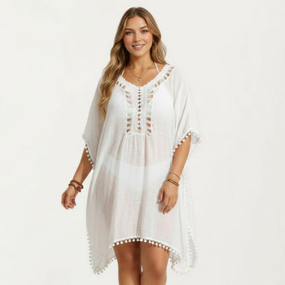 Swim Cover Up Dress with Crochet Cutout Neckline Pom Trim Hem Loose Short Sleeves Relaxed Fit
