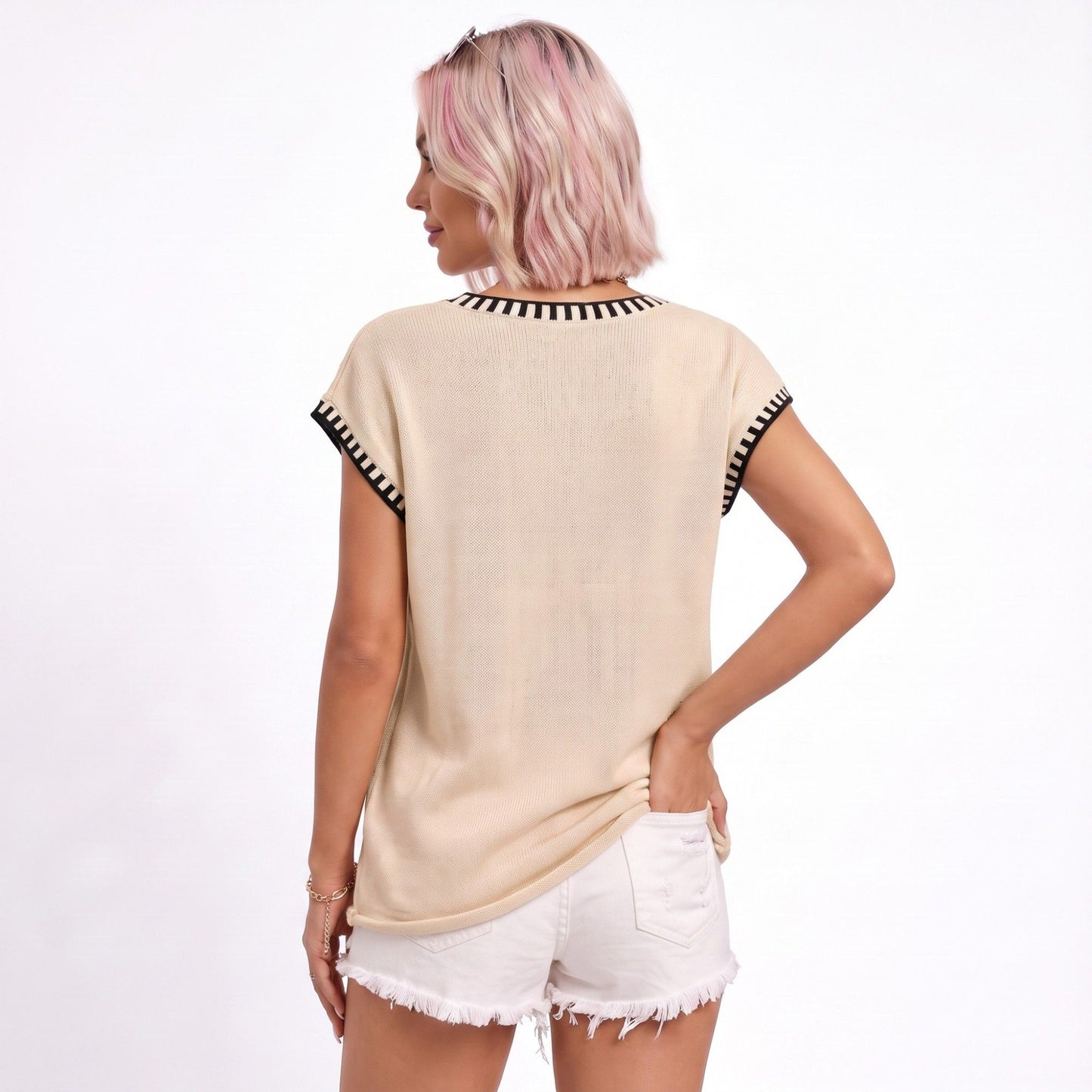 V Neck Sweater Top Contrast Trim Dolman Short Sleeve Knit