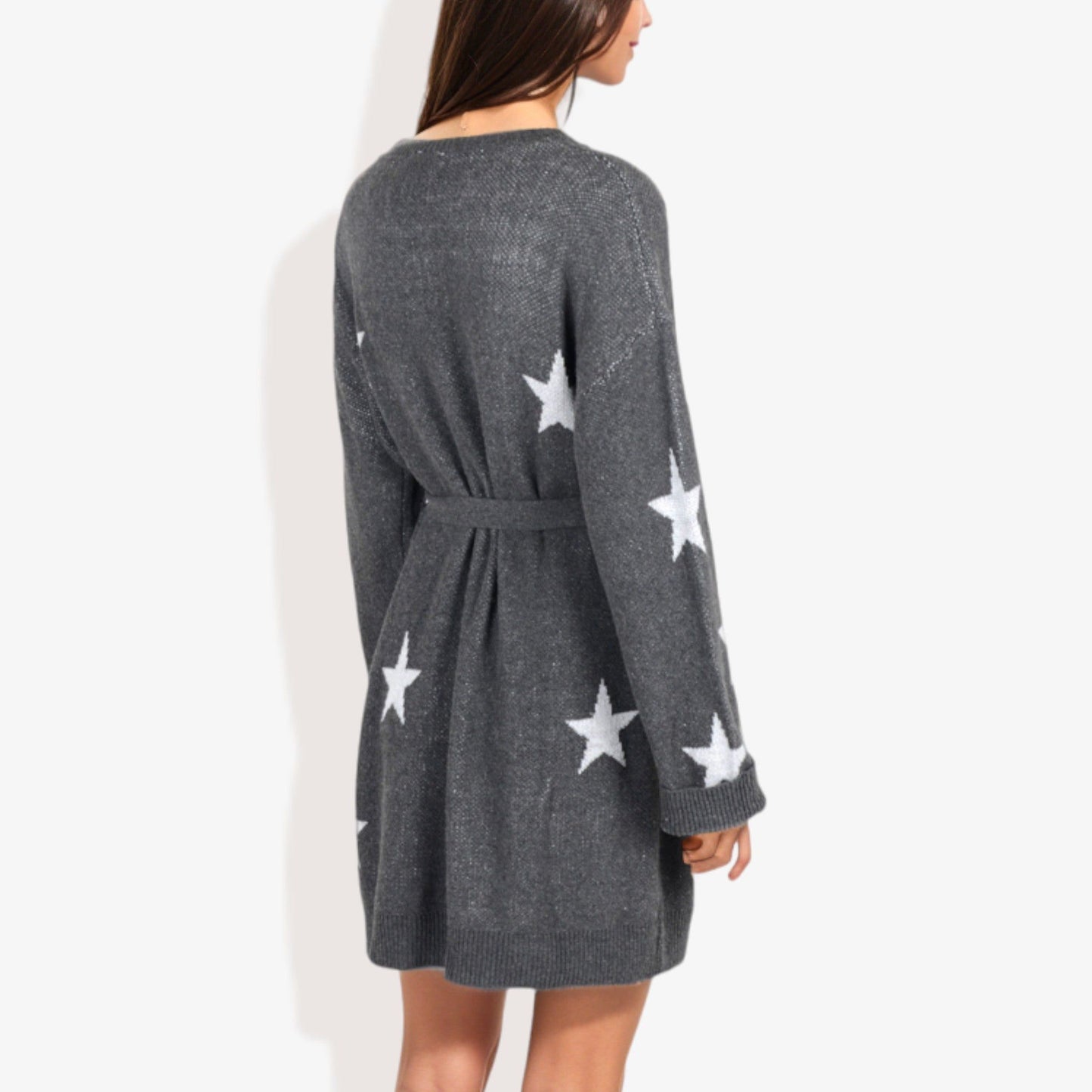 Star Knit Dolman Sleeve Belted Tunic Sweater Dress