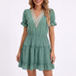Swiss Dot V-Neck Lace Trim Tiered Ruffle Mini Dress