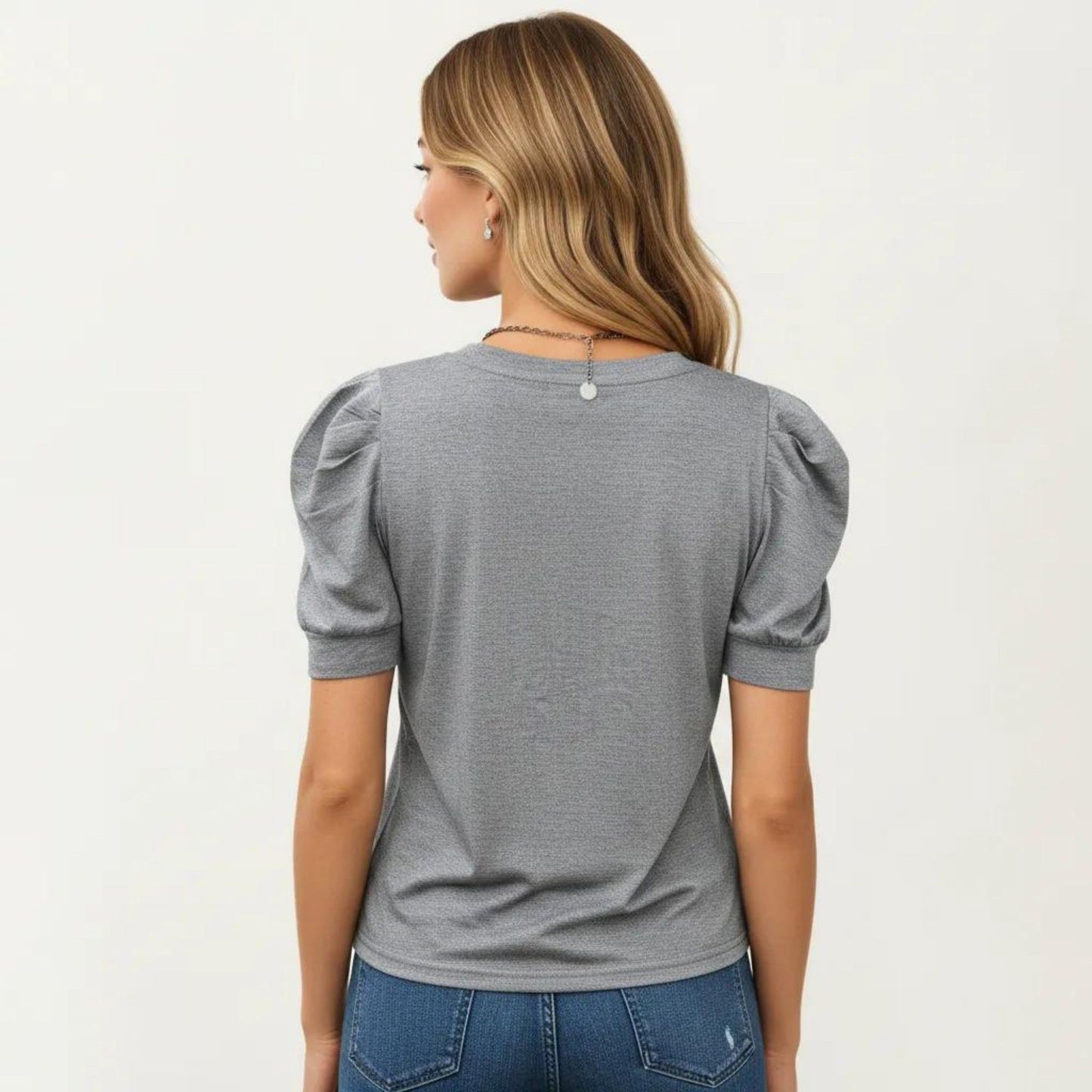 Short Sleeve Puff Sleeve Knit Top with Crew Neck and Soft Textured Fabric