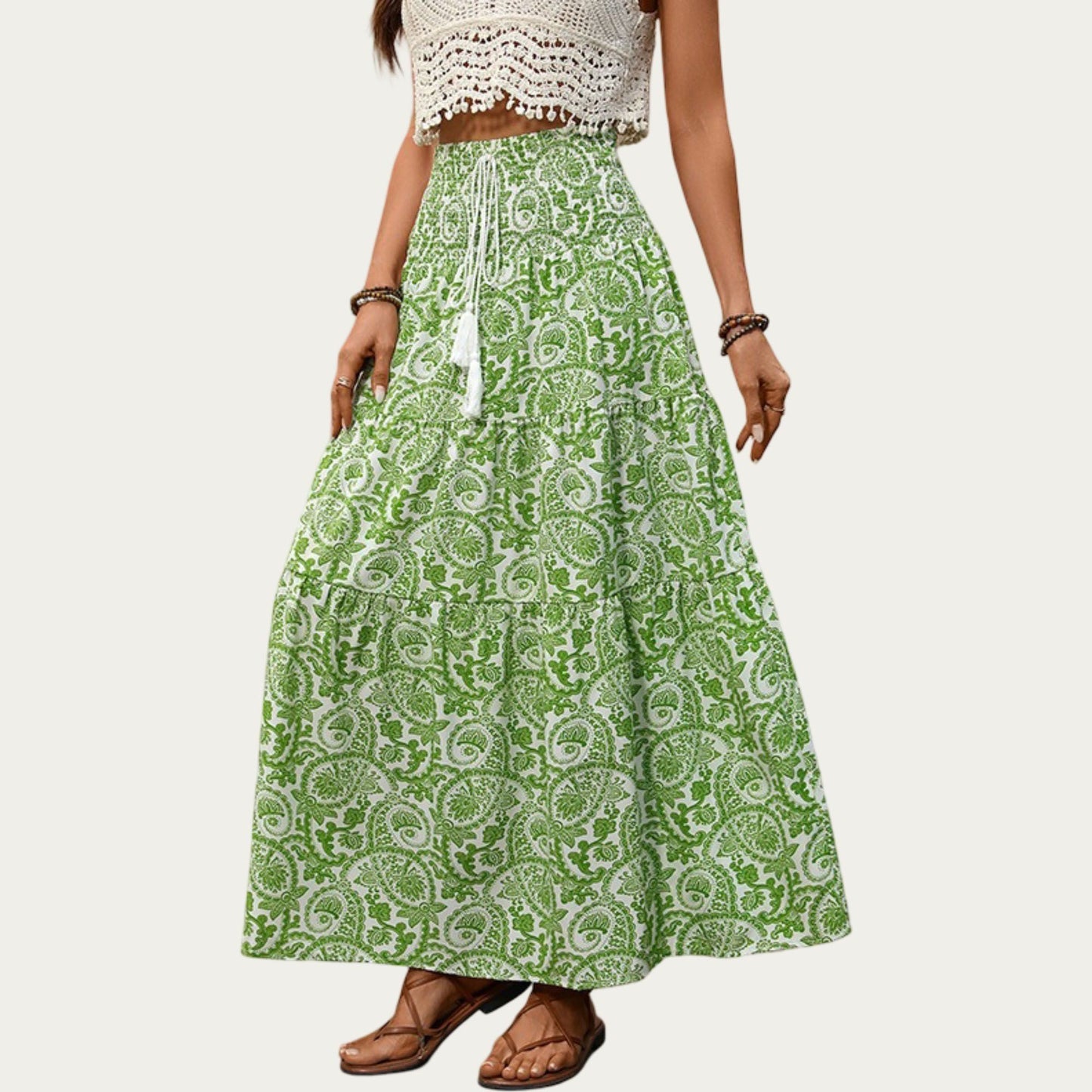 High Waist Tiered Maxi Skirt with Paisley Print Drawstring Waist Tassel Tie Flowy A-Line Fit