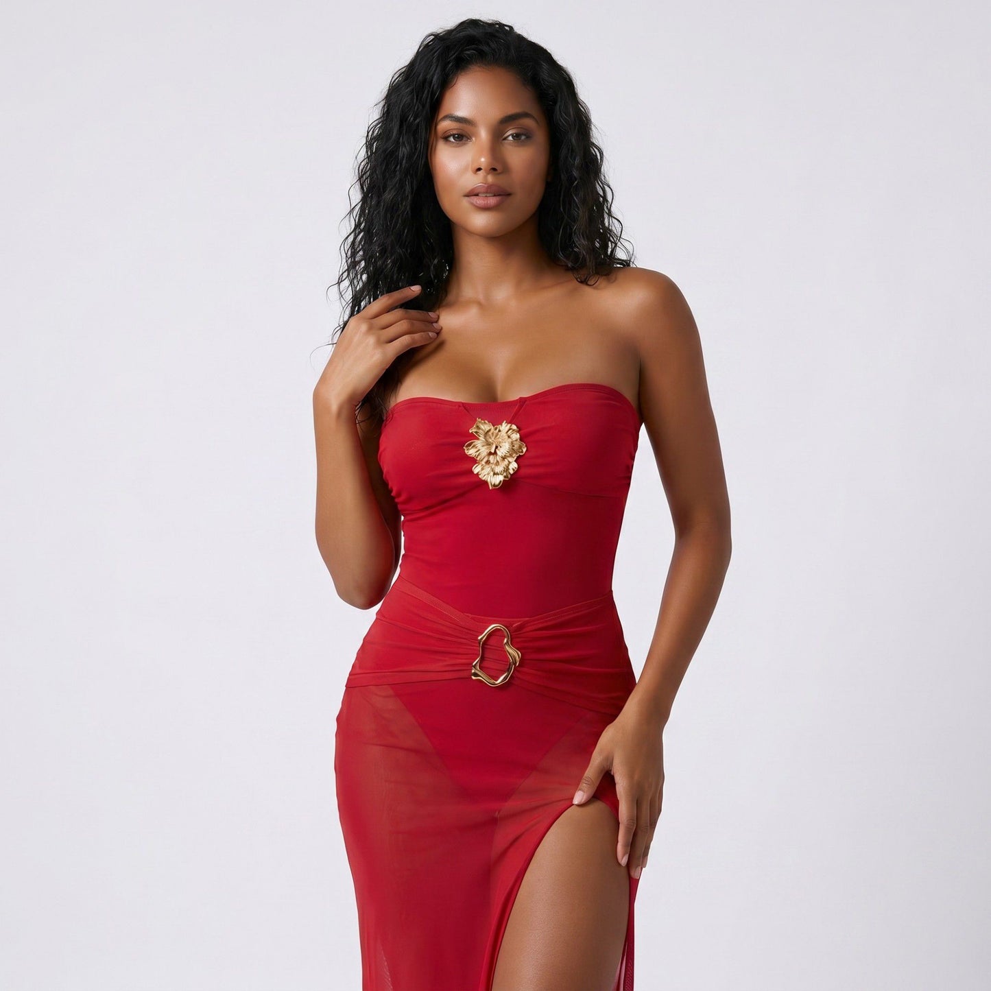 2-Piece Strapless One Piece Swimsuit with Sheer Wrap Skirt