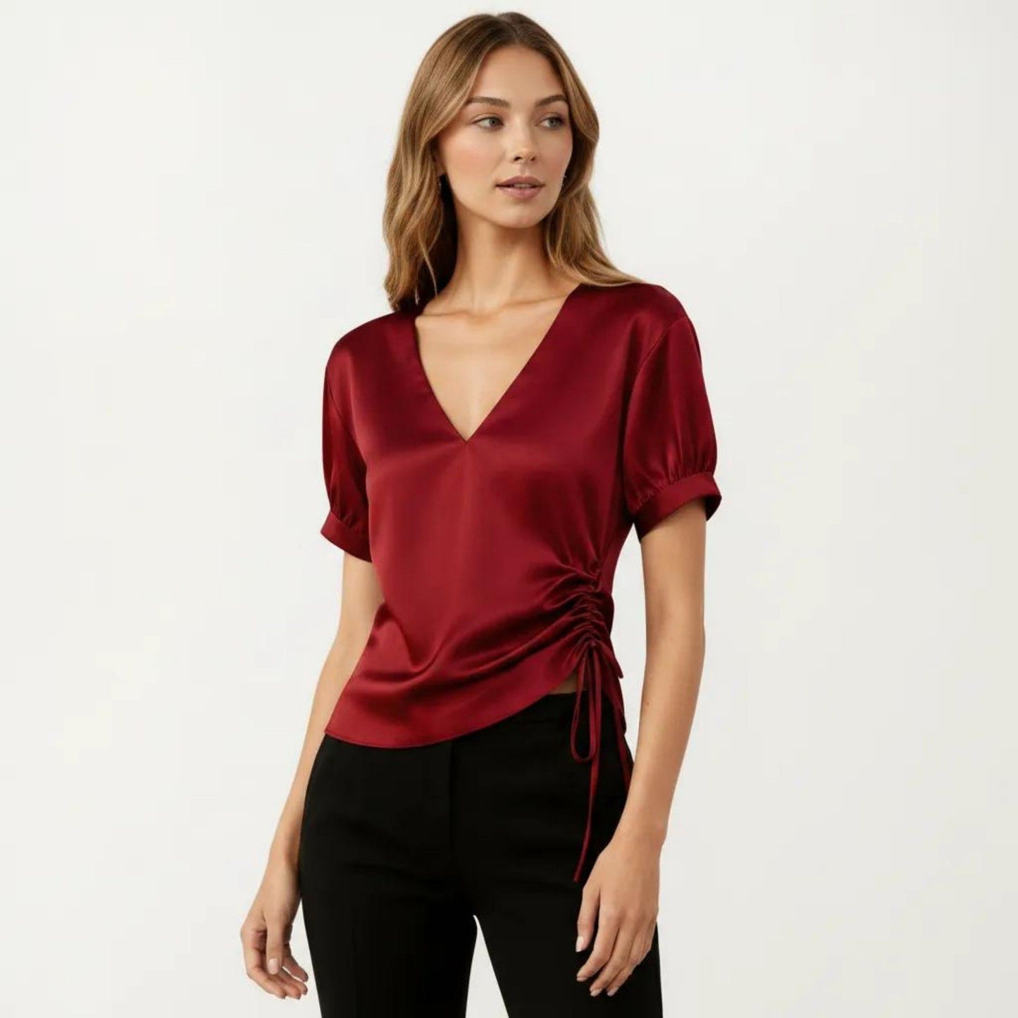 Satin V Neck Blouse with Puff Sleeves and Side Ruched Drawstring