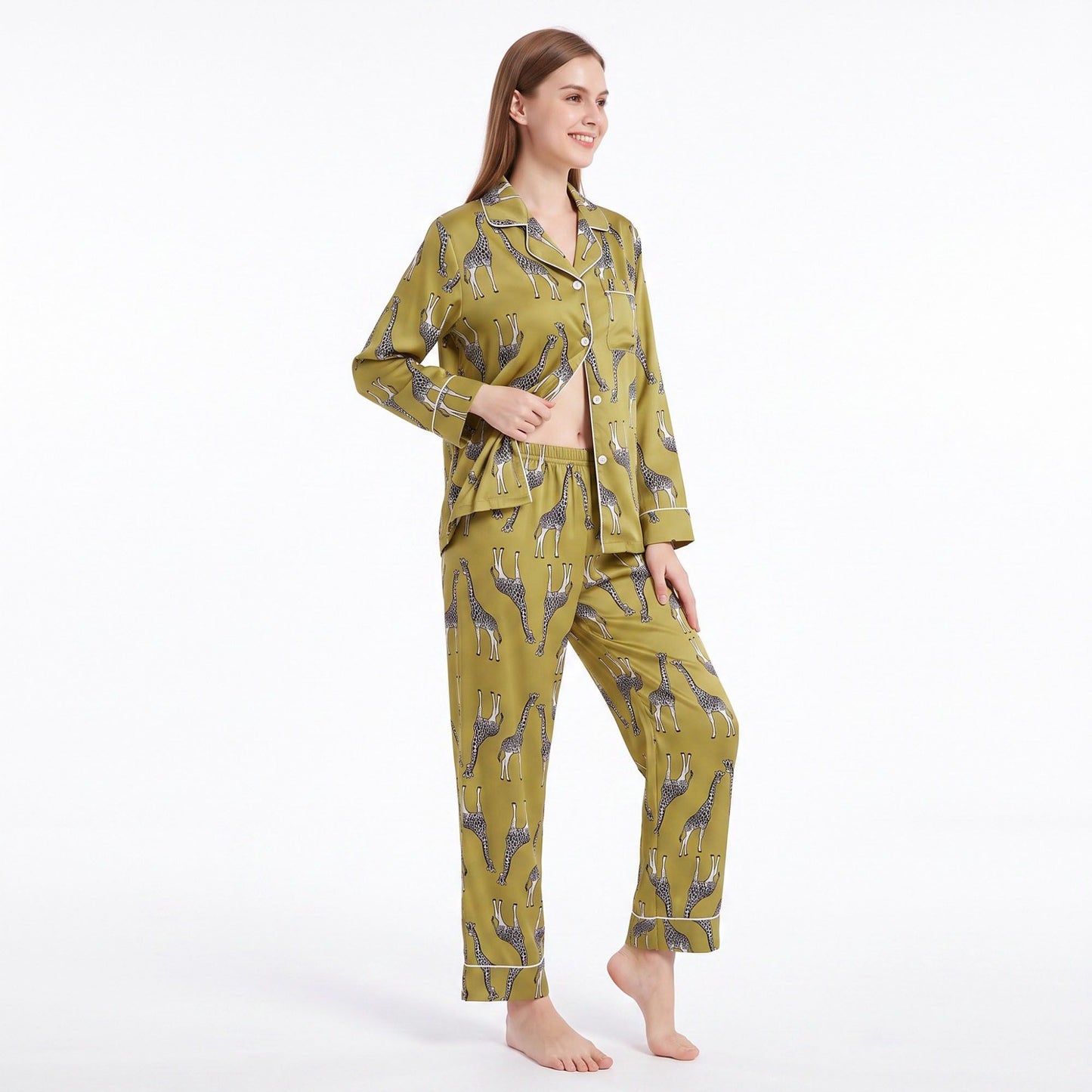Giraffe Print 2 Piece Pajama Set with Long Sleeve Button Down Top and Pants