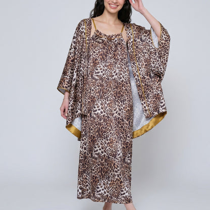 2-Piece Leopard Print Nightgown Robe Set with Spaghetti Strap Dress