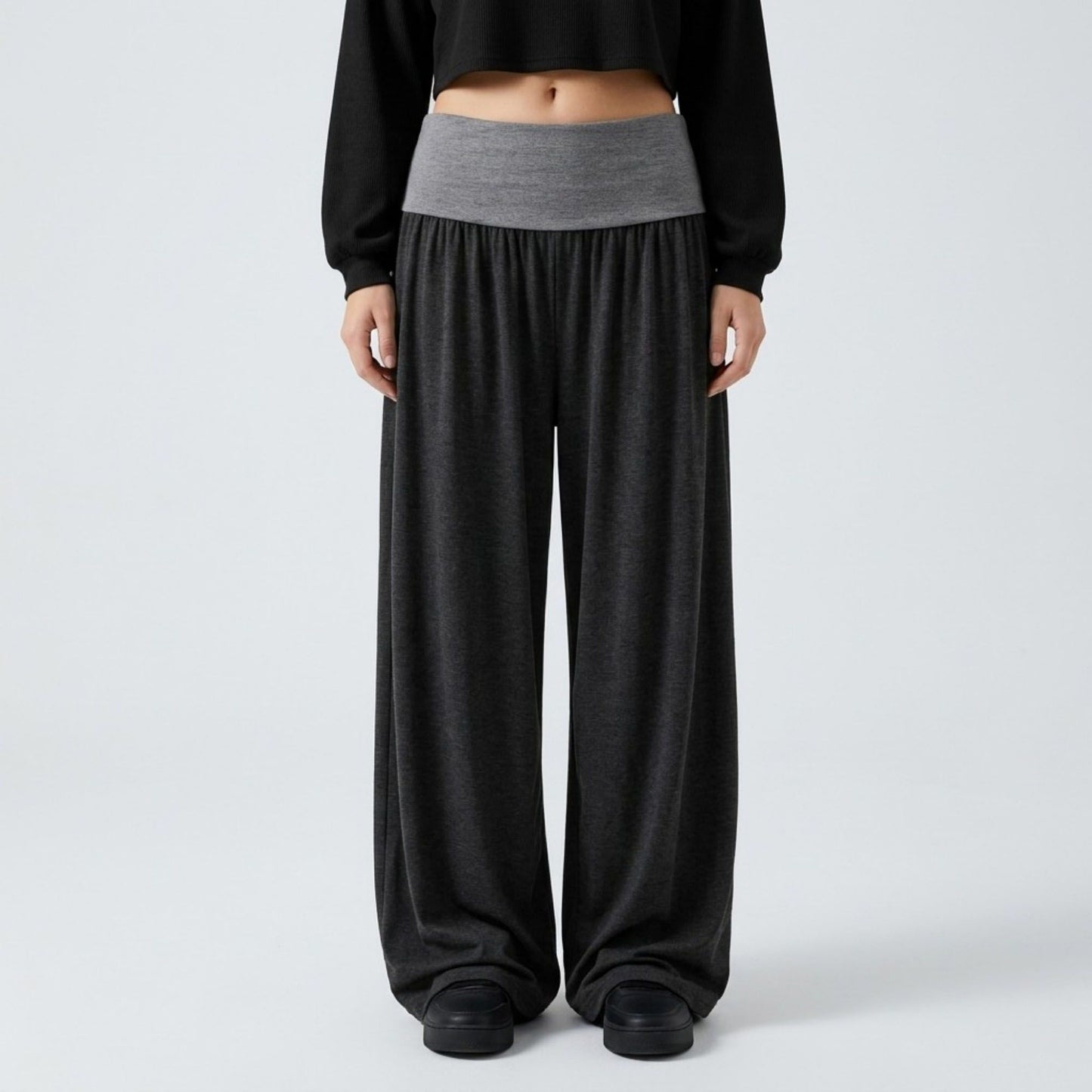 Contrast Foldover Waistband Full-Length Wide-Leg Trousers