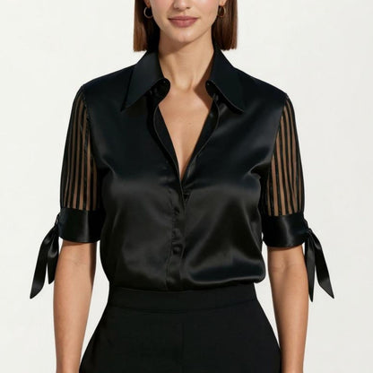 Satin Collared Blouse with Sheer Stripe Sleeves and Bow Tie Cuffs