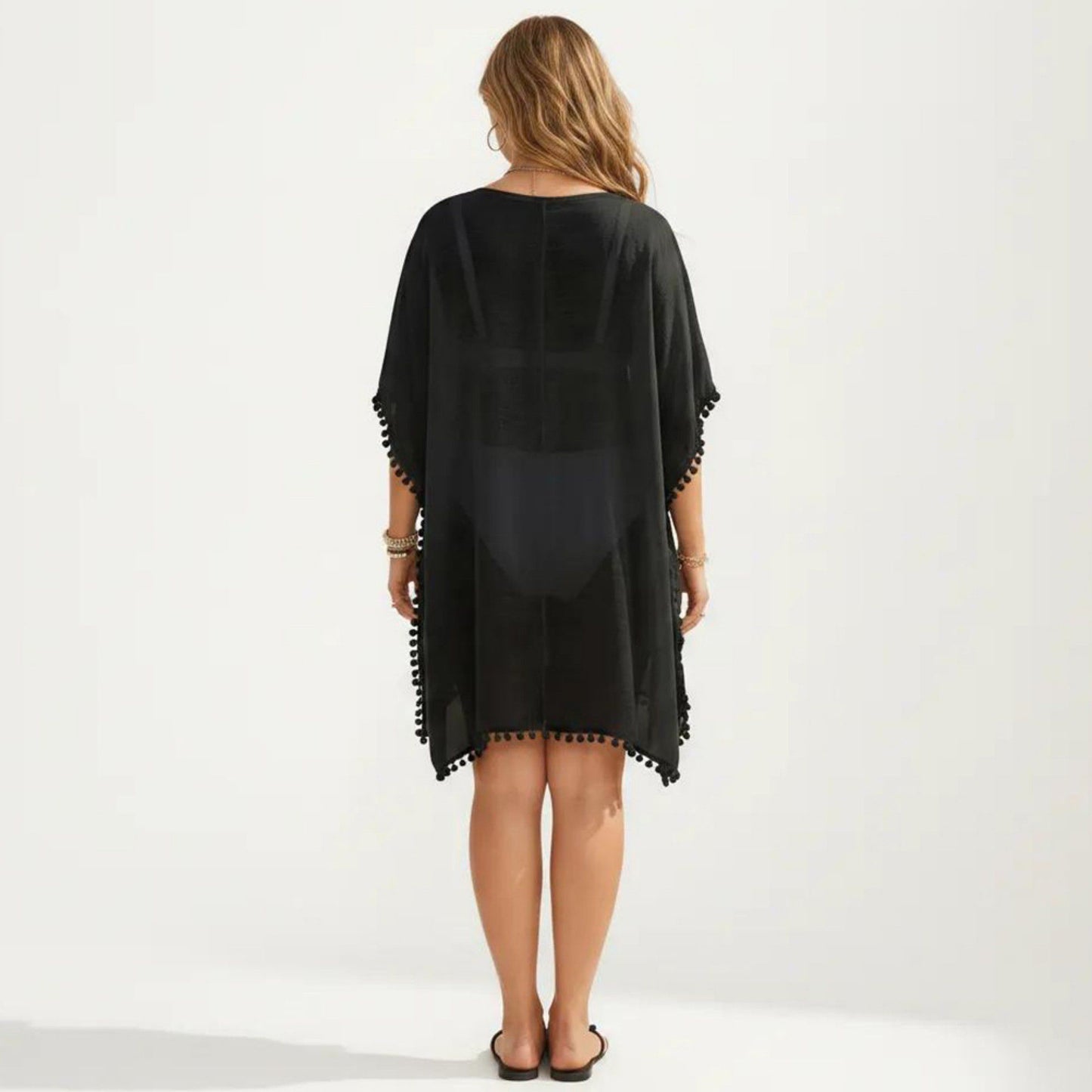 Swim Cover Up Dress with Crochet Cutout Neckline Pom Trim Hem Loose Short Sleeves Relaxed Fit