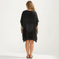 Swim Cover Up Dress with Crochet Cutout Neckline Pom Trim Hem Loose Short Sleeves Relaxed Fit