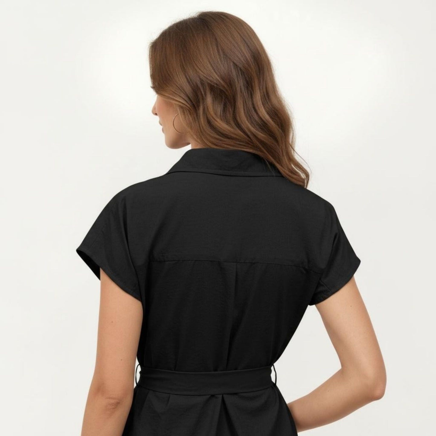 Short Sleeve Button Front Shirt Dress with Collared Neckline and Adjustable Waist Tie