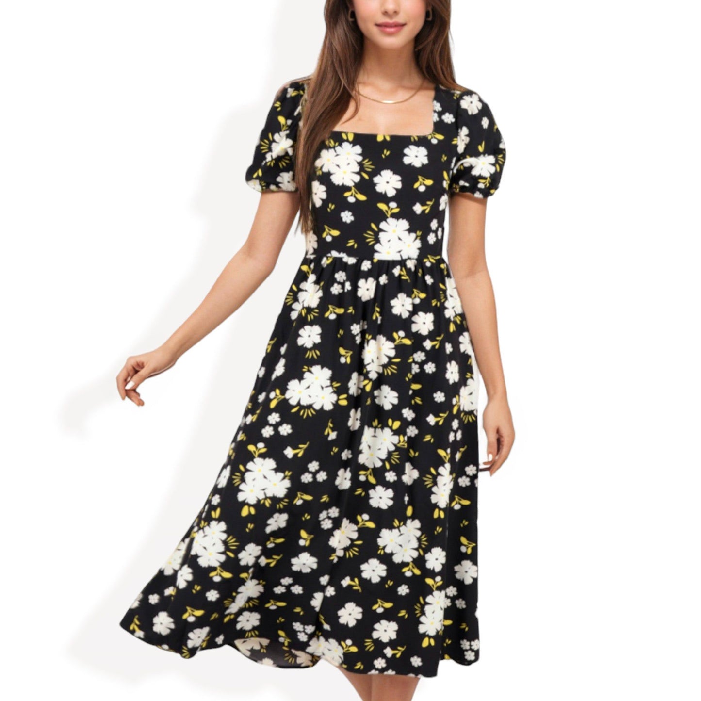 Puff Sleeve Floral Midi Dress Square Neckline Flowy Skirt