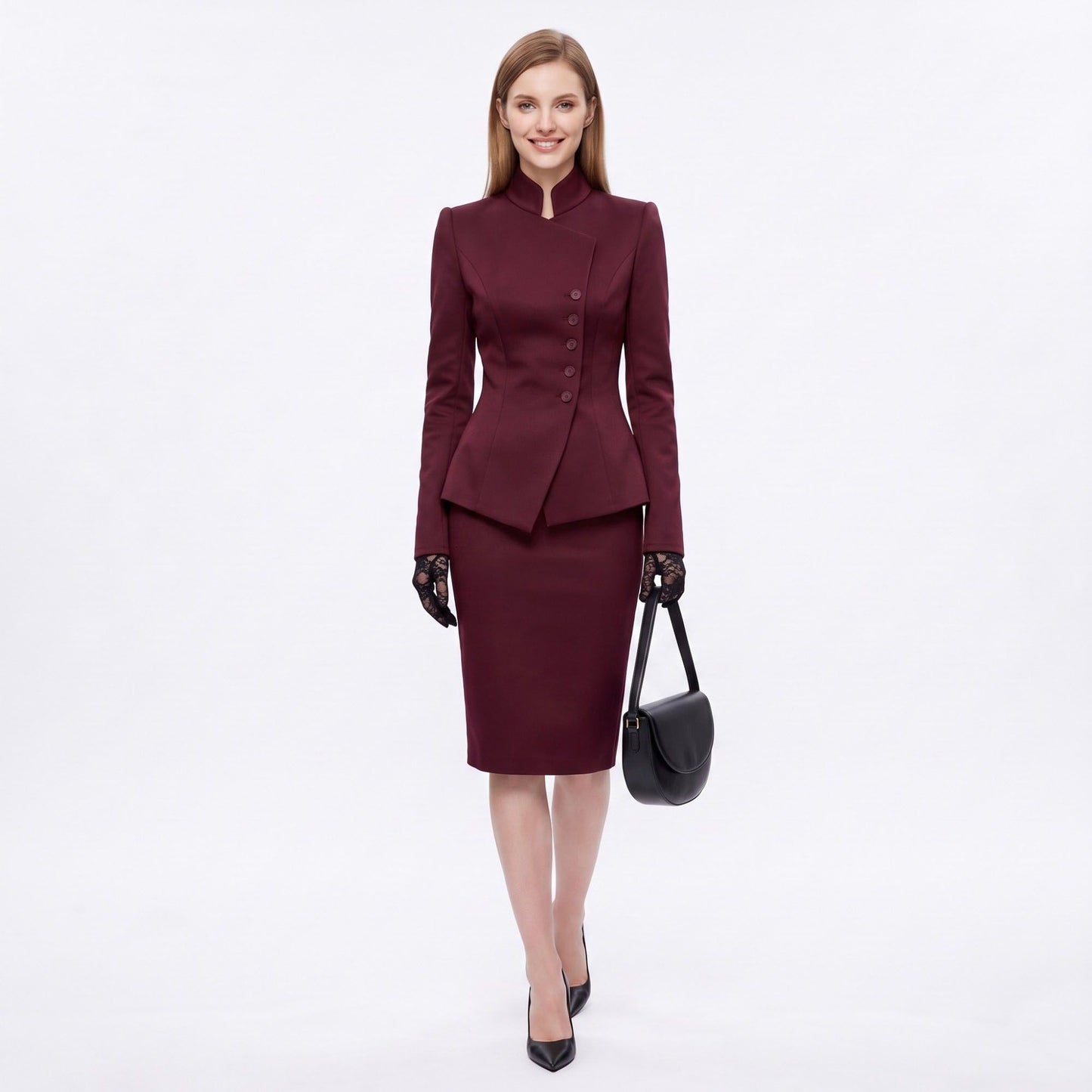 Asymmetric Button Front Blazer with Stand Collar and Peplum Hem