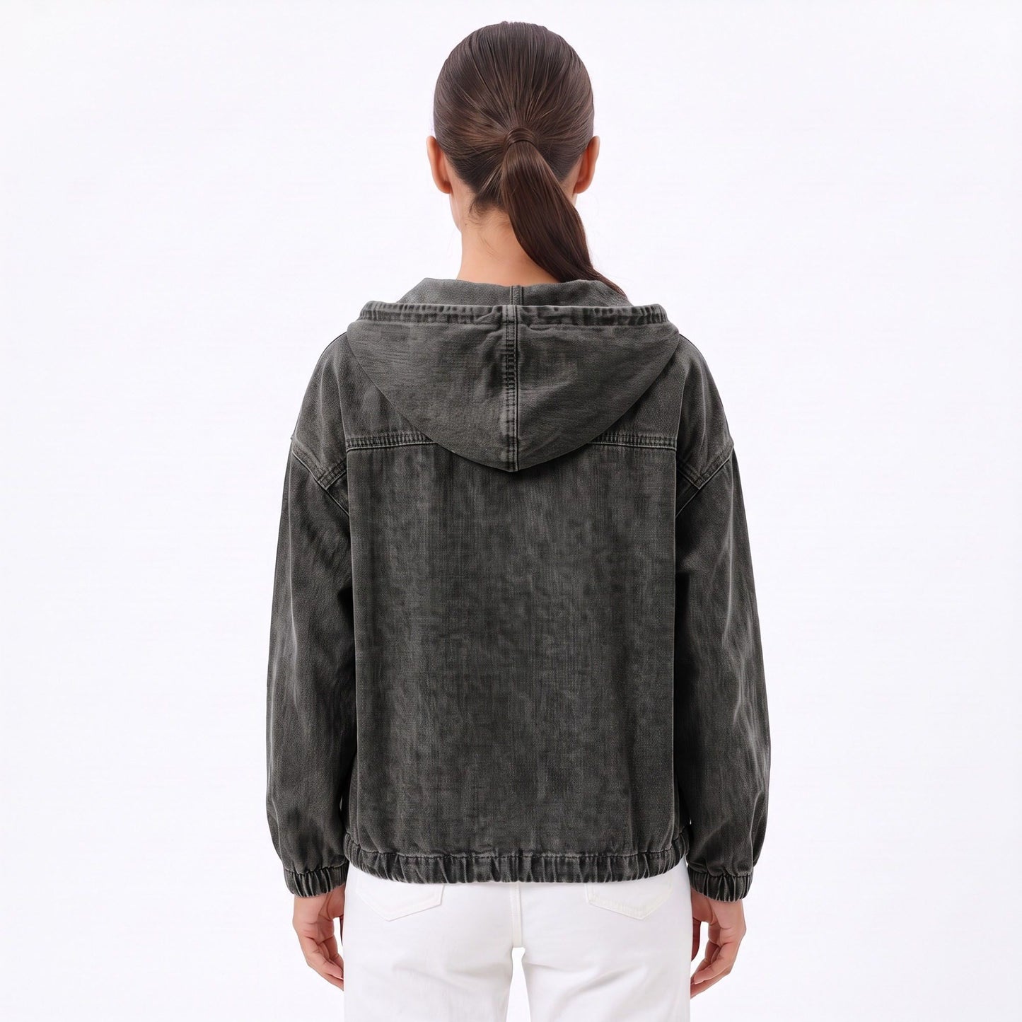 Washed Denim Hooded Pullover Jacket Long Sleeve Kangaroo Pocket Casual Outerwear