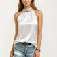 Satin Halter Top with Faux Pearl Neckline and Smooth Draped Finish