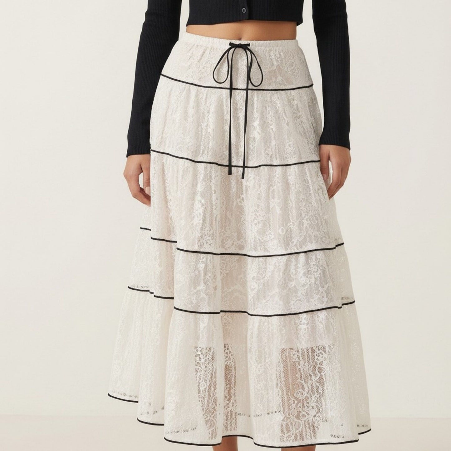2 Piece Set Long Sleeve Crop Top Button Front Tiered Lace Maxi Skirt Outfit