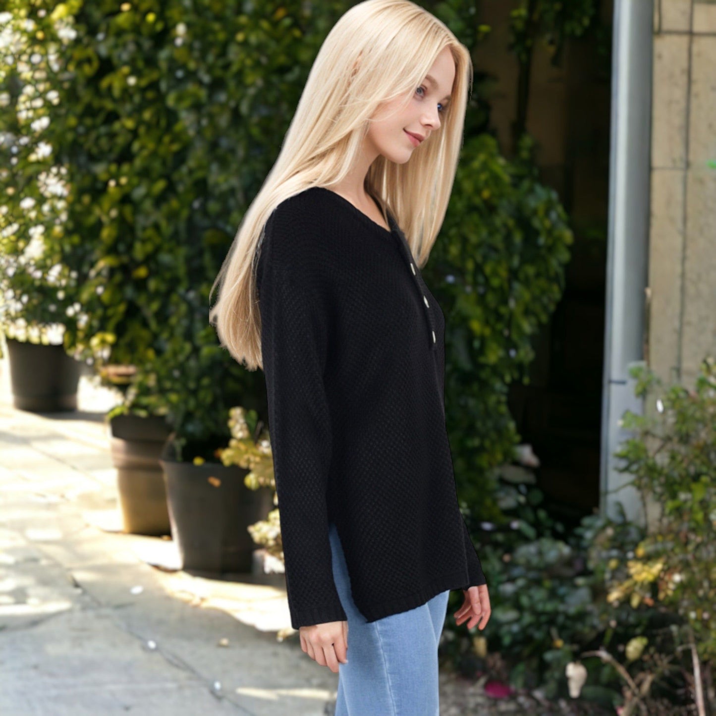 Contrast Half Button Henley Down Long Sleeve Sweater