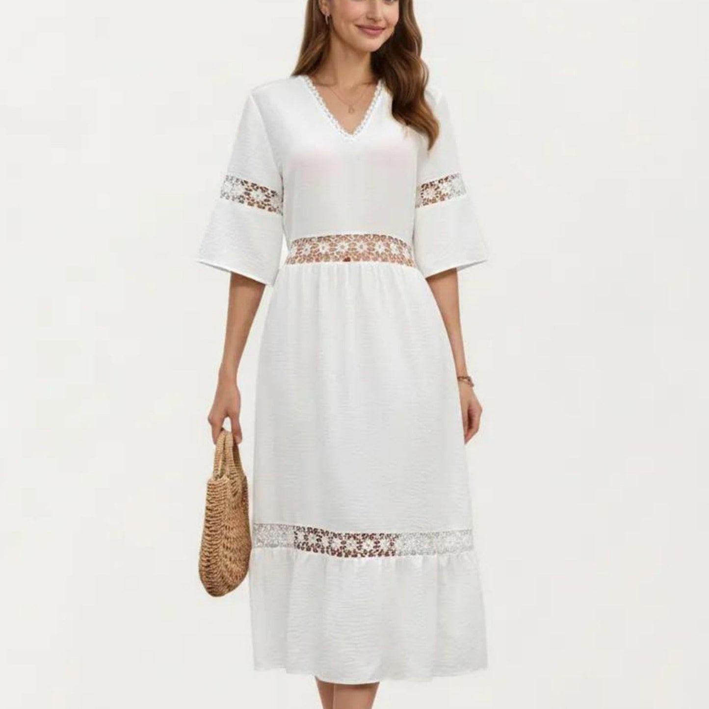 V Neck Midi Dress with Lace Trim Paneling and Short Wide Sleeves Flowing Silhouette