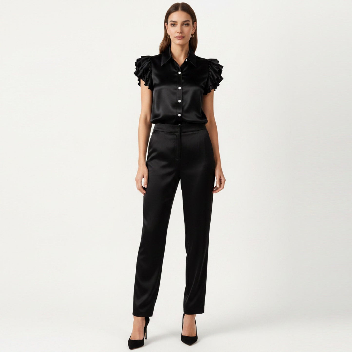 Satin Button Down Blouse with Ruffle Sleeves and Collared Neckline