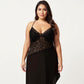 Plus Size Lace Panel Slip Nightgown with Adjustable Spaghetti Straps V Neck Asymmetrical Hem Sleepwear