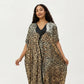 Abstract Print Maxi Kaftan Dress with Contrast Trim and Relaxed Flowy Silhouette