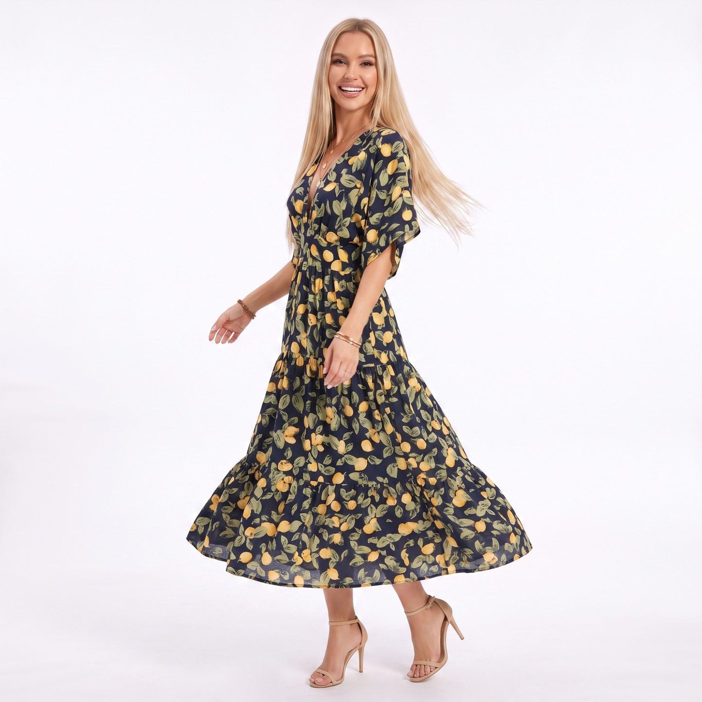 Abstract Floral V Neck Tiered Maxi Dress