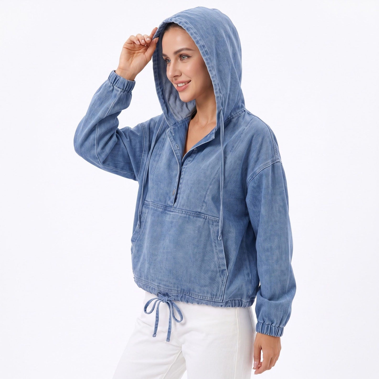 Washed Denim Hooded Pullover Jacket Long Sleeve Kangaroo Pocket Casual Outerwear