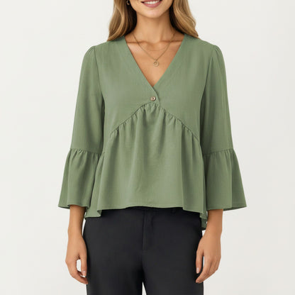 V-Neck Bell Sleeve Peplum Blouse with Button Detail and Gathered Waist