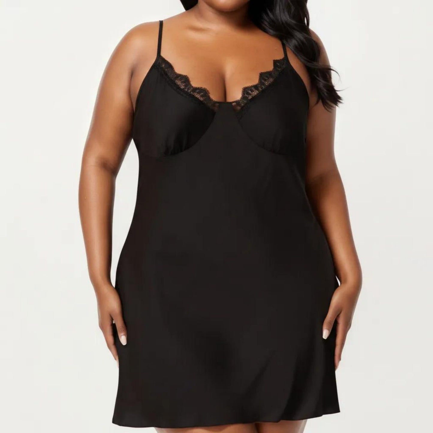 Plus Size Lace Trim Slip Nightgown Adjustable Spaghetti Straps Soft Flowy Sleep Dress Short Chemise