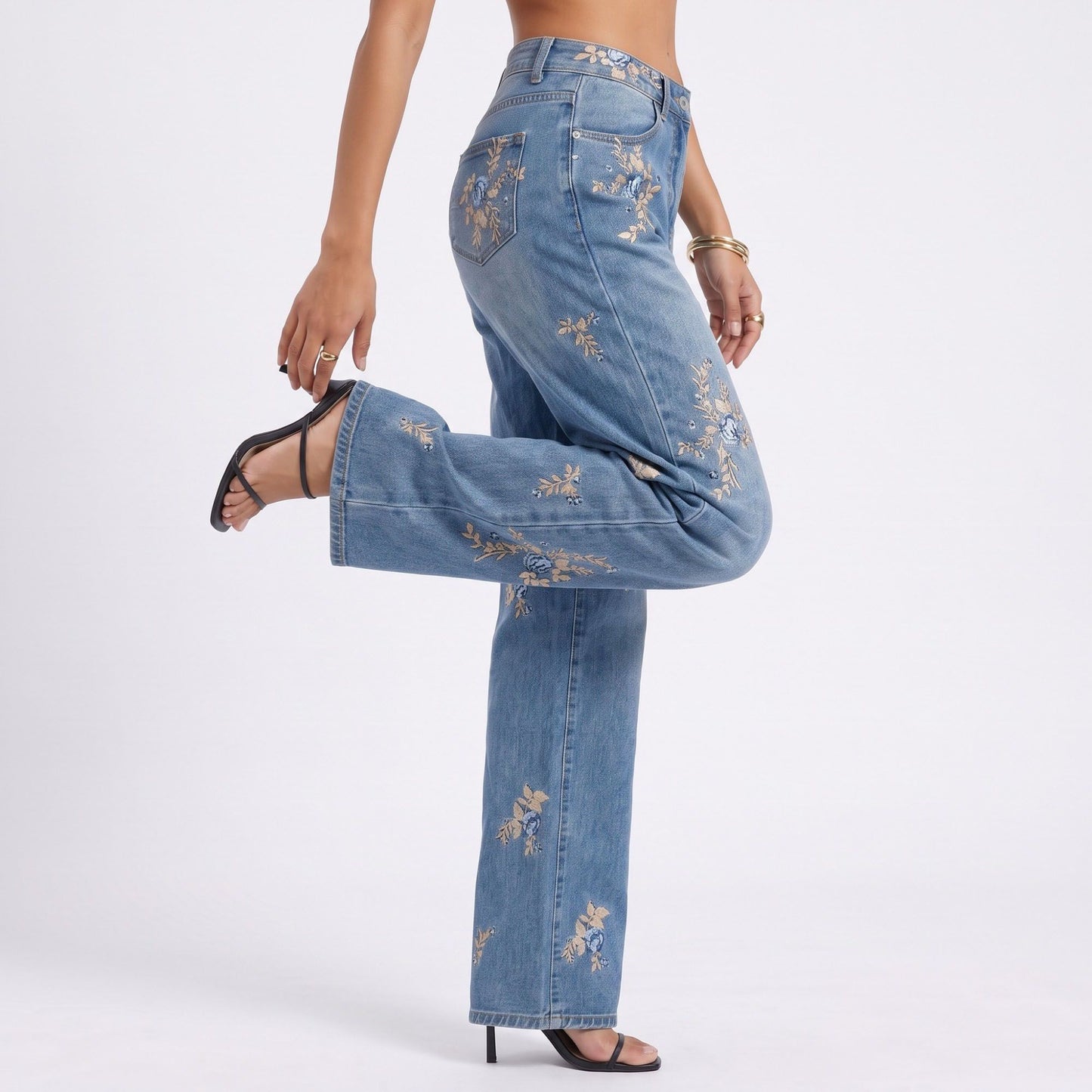 Floral Embroidered Wide Leg Jeans High Rise Relaxed Denim Pants