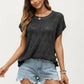 Short Sleeve Knit Top with Floral Eyelet Pattern and Ribbed Crew Neck