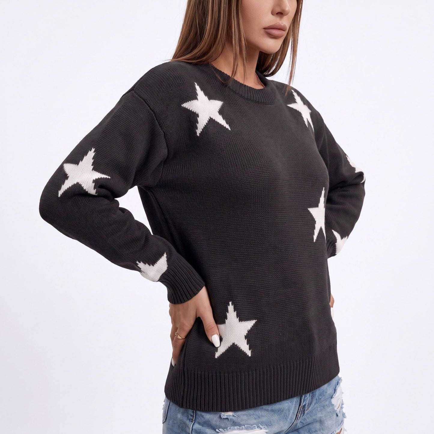 Star Print Crew Neck Long Sleeve Knit Pullover Sweater