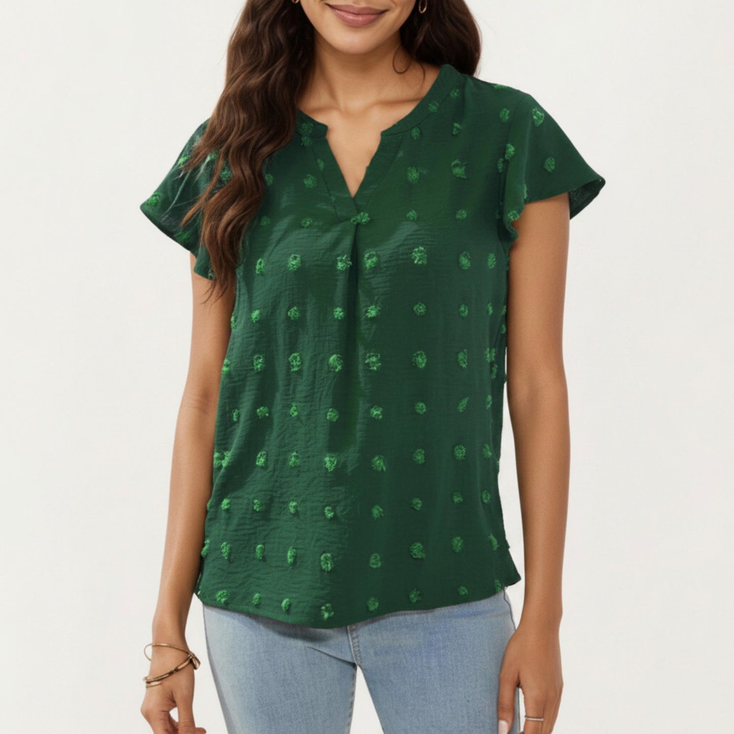 Short Sleeve Swiss Dot Top with Split Neckline and Soft Textured Fabric