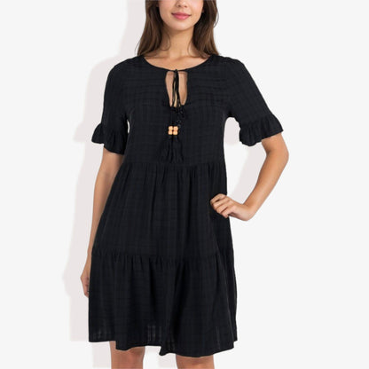 Ruffle Sleeve Tiered Dress With Button And Tassel Detail