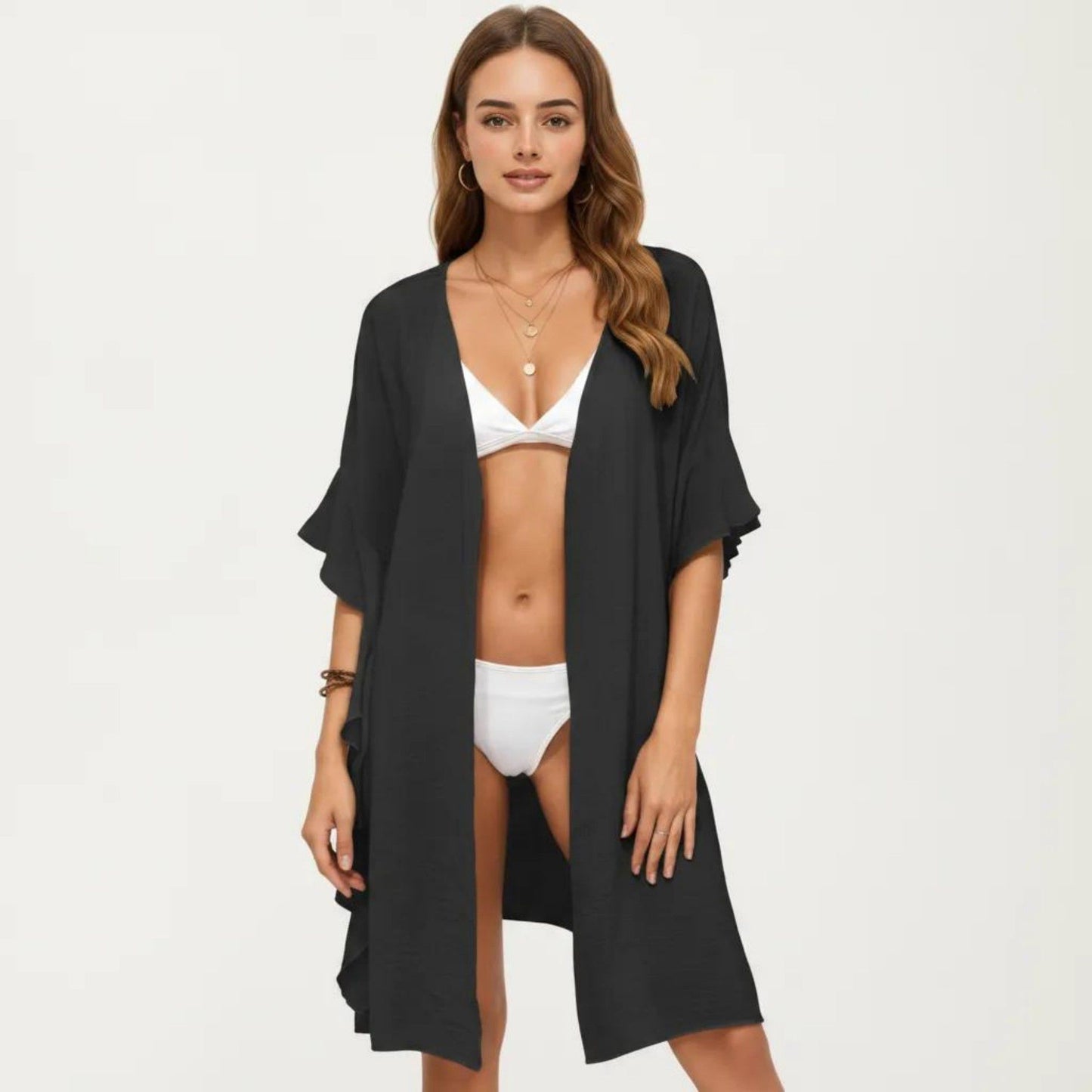 Open Front Swim Cover Up Kimono with Ruffle Sleeves Lightweight Beach Cardigan