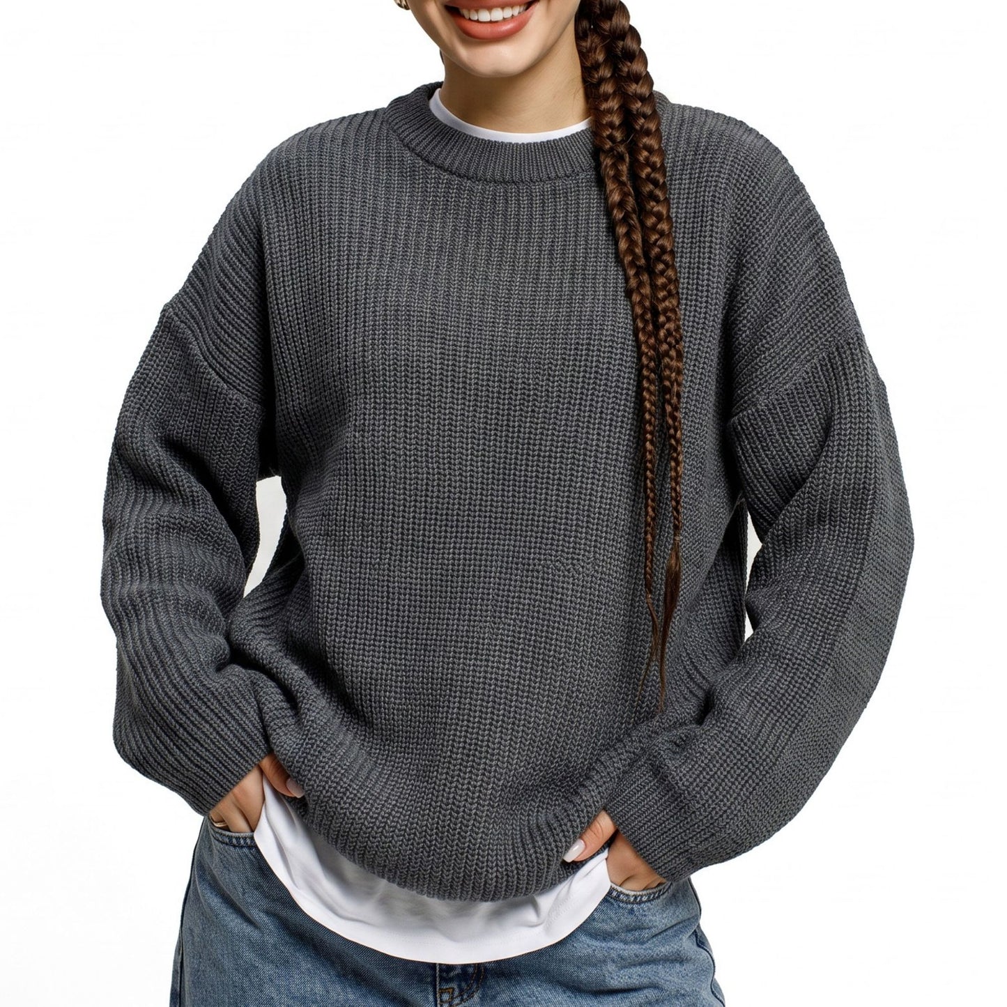 Oversized Chunky Knit Crewneck Pullover Sweater