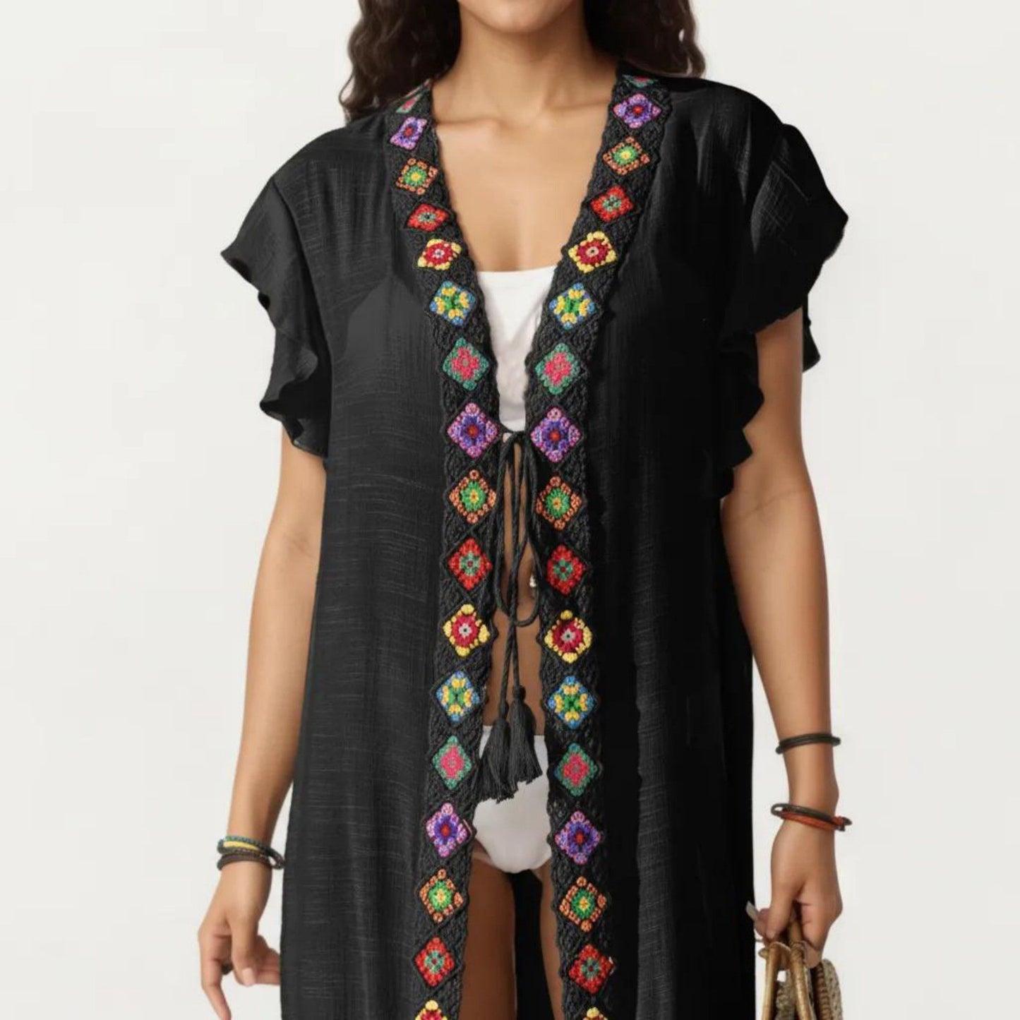 Embroidered Open Front Swim Cover Up Kimono Midi Beach Cardigan with Tassel Tie Detail