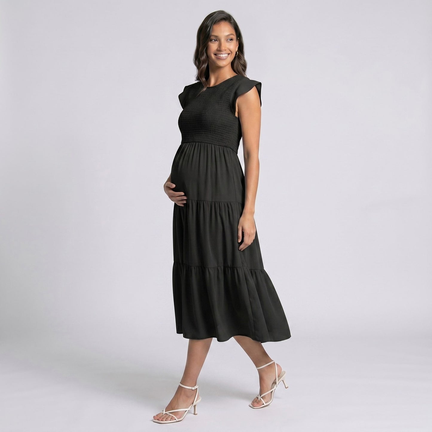 Maternity Smocked Tiered Midi Dress with Cap Sleeves and Round Neck