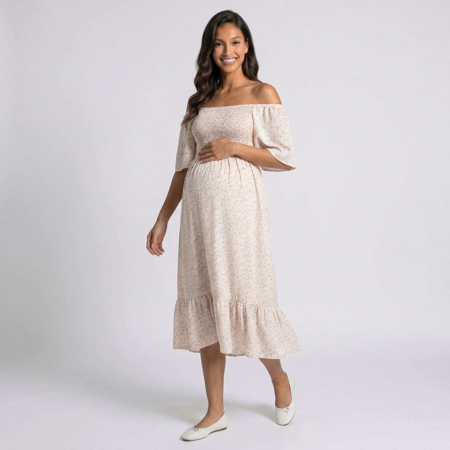 Maternity Floral Square Neck Midi Dress with Smocked Bodice and Flutter Sleeves
